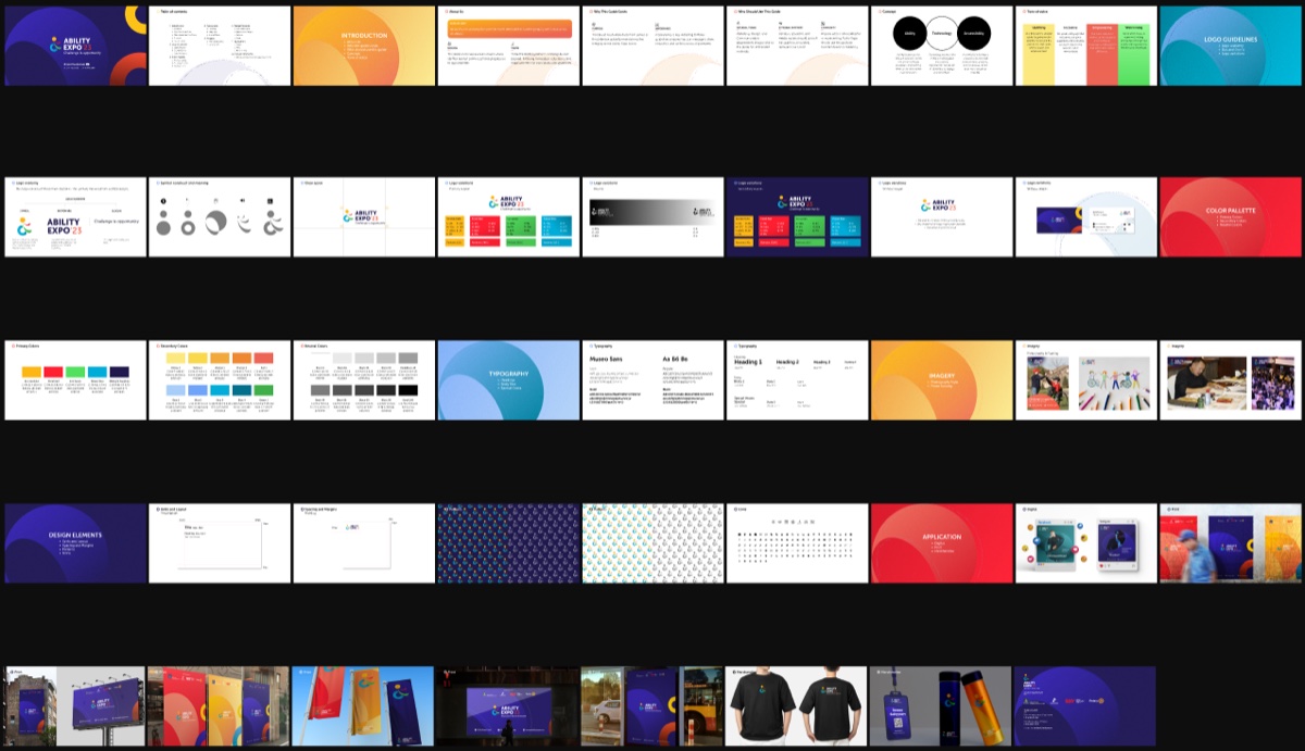 Four rows of slide thumbnails from the brand guidelines: introduction and concept slides on white, logo guideline slides, colour and typography slides, and design element and application slides, each row opening with a full-bleed colour title card.