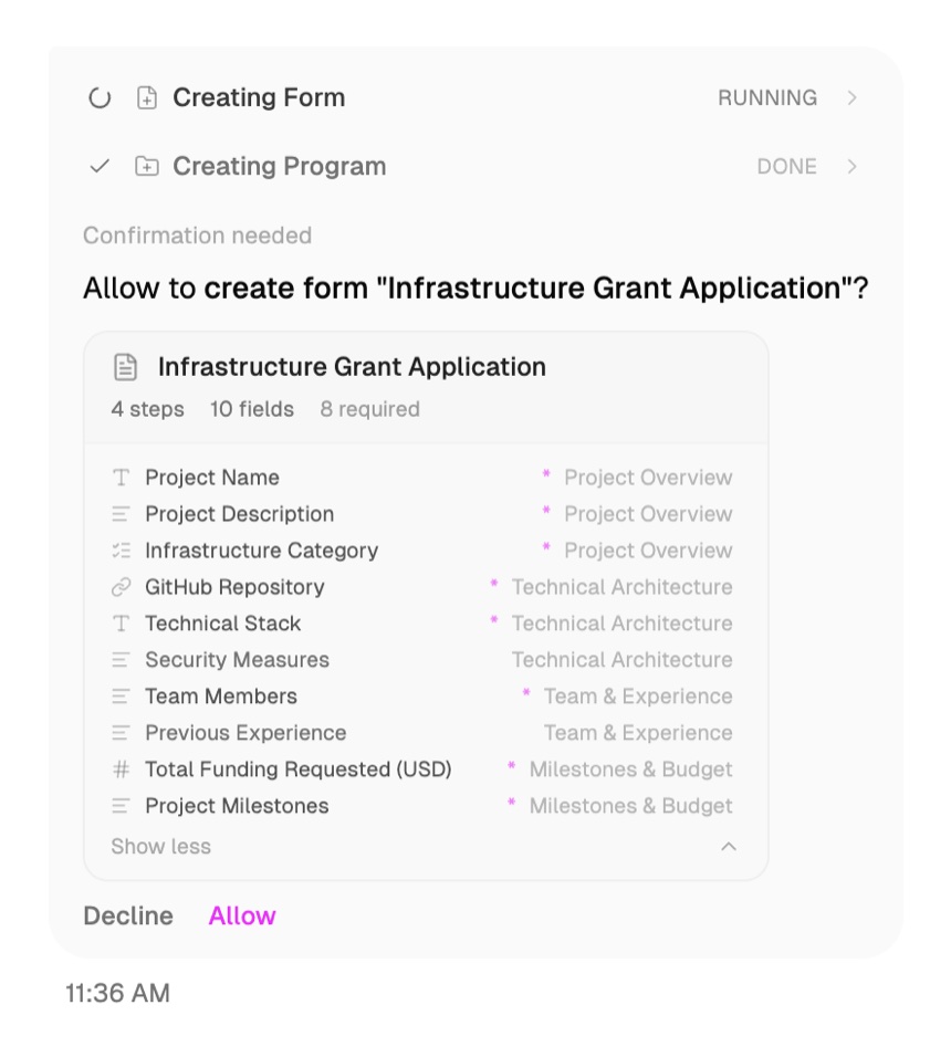 The agent panel. A list of completed steps reading got form templates, listing programs and creating program, then a confirmation block headed allow to create form Infrastructure Grant Application, showing a form of four steps and ten fields with each field mapped to a section, and Decline and Allow buttons underneath.
