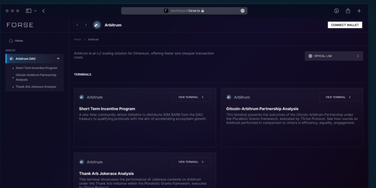 The Arbitrum space in a browser frame. A sidebar with the Arbitrum DAO space expanded to show three terminals, a one-line description of Arbitrum with an official link button, and below it a grid of terminal cards for the Short Term Incentive Program, the Gitcoin Arbitrum partnership analysis and the Thank Arb Jokerace analysis, each with a view terminal button and a paragraph of description.