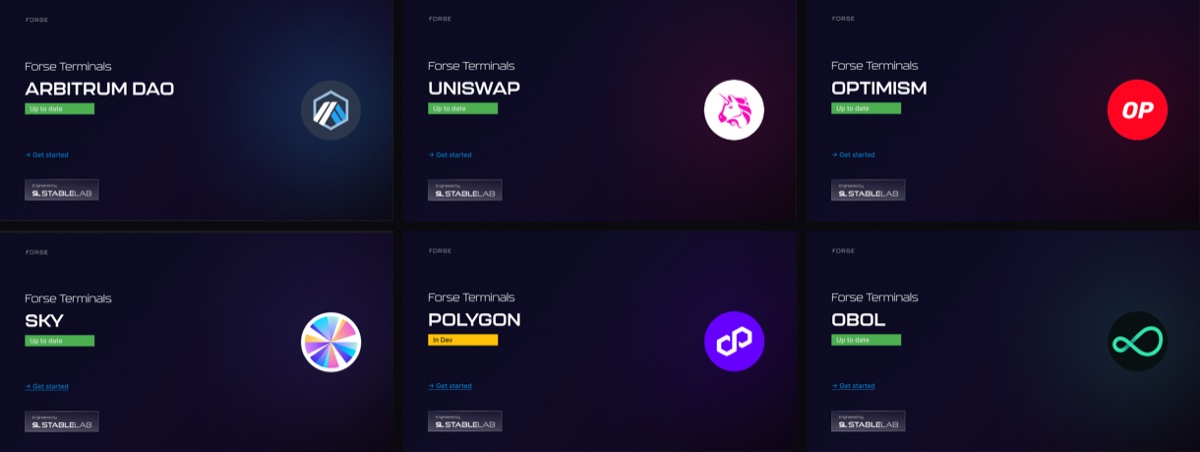 Six cover slides in a grid, one per ecosystem. Each carries the words Forse Terminals, the client name set large, a status badge, a get started link and an engineered by StableLab lockup, with the ecosystem's logo on the right. The backgrounds are tinted differently: navy for Arbitrum, magenta for Uniswap, red for Optimism, blue for Sky, violet for Polygon, teal for Obol.