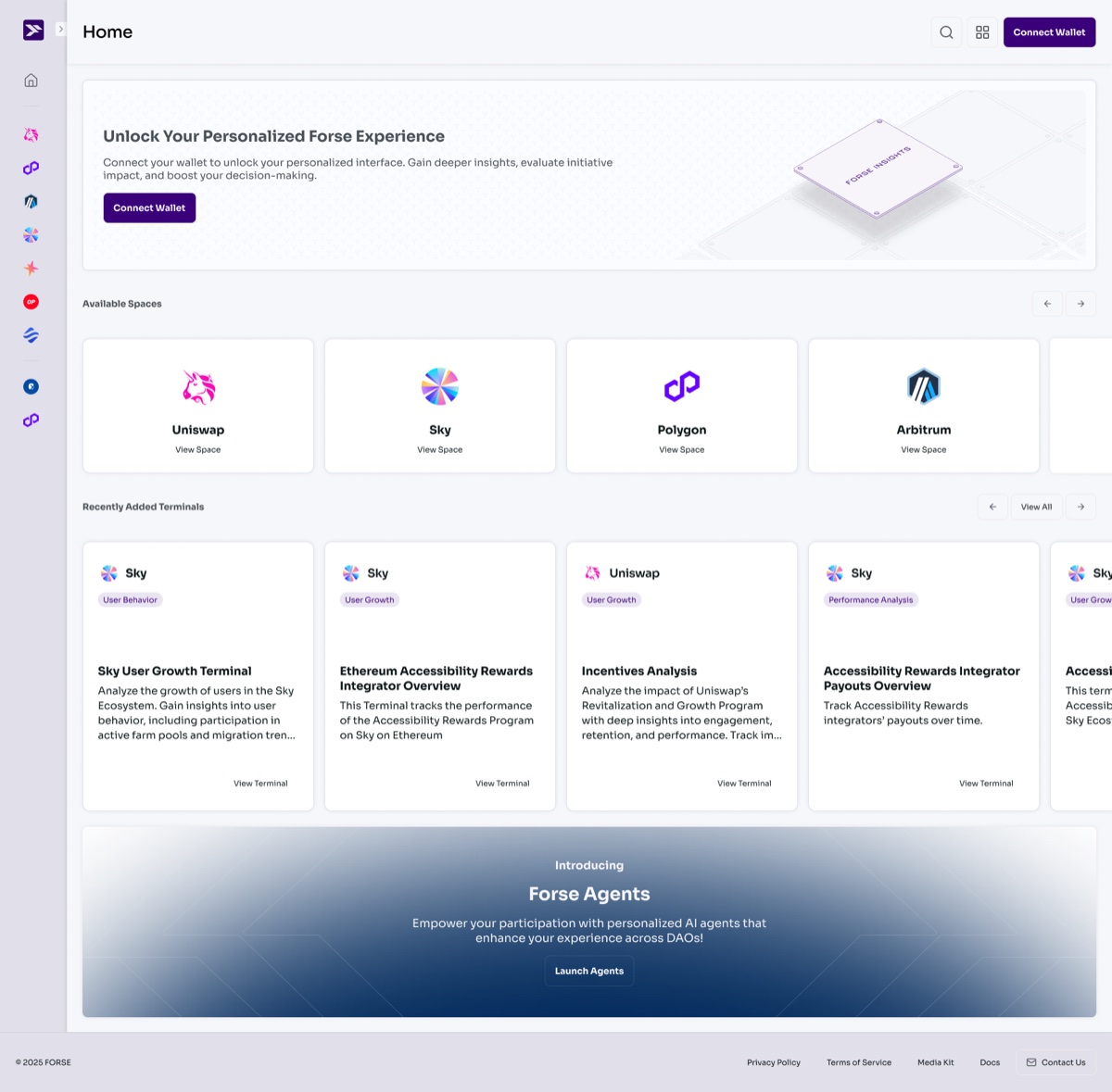 The new Insights home. A collapsed icon rail of DAO logos down the left, a wallet connect banner headed unlock your personalised Forse experience, a row of space cards for Uniswap, Sky, Polygon and Arbitrum, a row of recently added terminal cards, and a gradient banner introducing Forse Agents.
