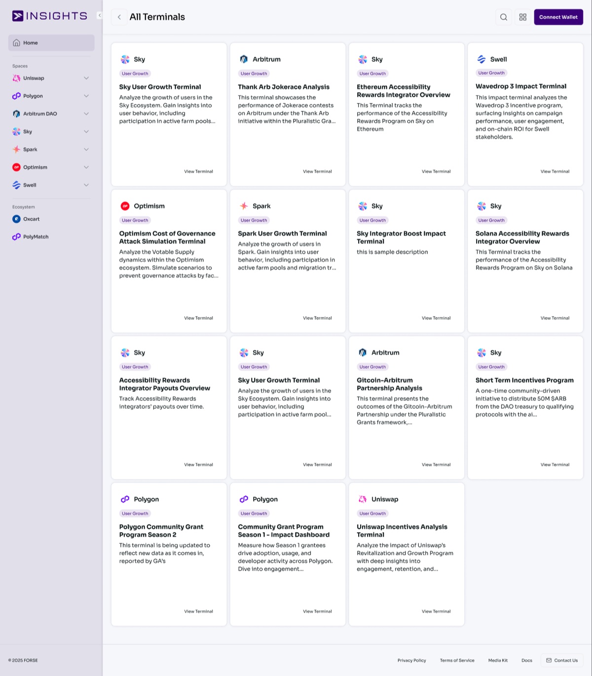 The All Terminals page. A fifteen card grid, each card carrying a chain logo and name, a category tag reading user growth, a terminal title, a description and a view terminal link. The expanded side nav lists spaces for Uniswap, Polygon, Arbitrum DAO, Sky, Spark, Optimism and Swell.