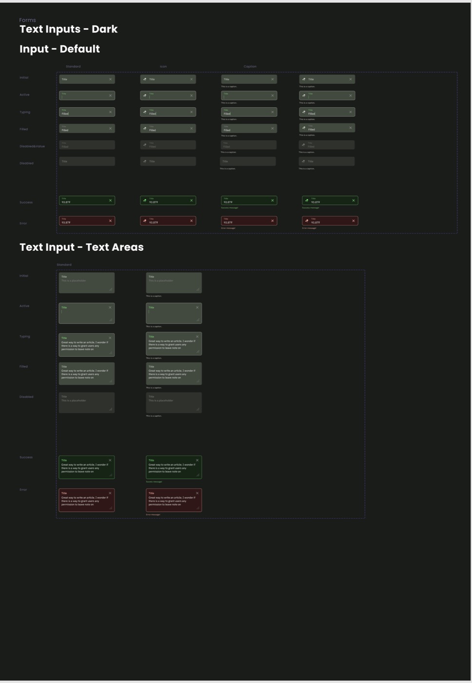 The components page, dark. Text inputs in four variants across the top, standard, with icon, with caption and both, each in states initial, active, typing, filled, disabled and success in green and error in red, and below them text areas in the same states.