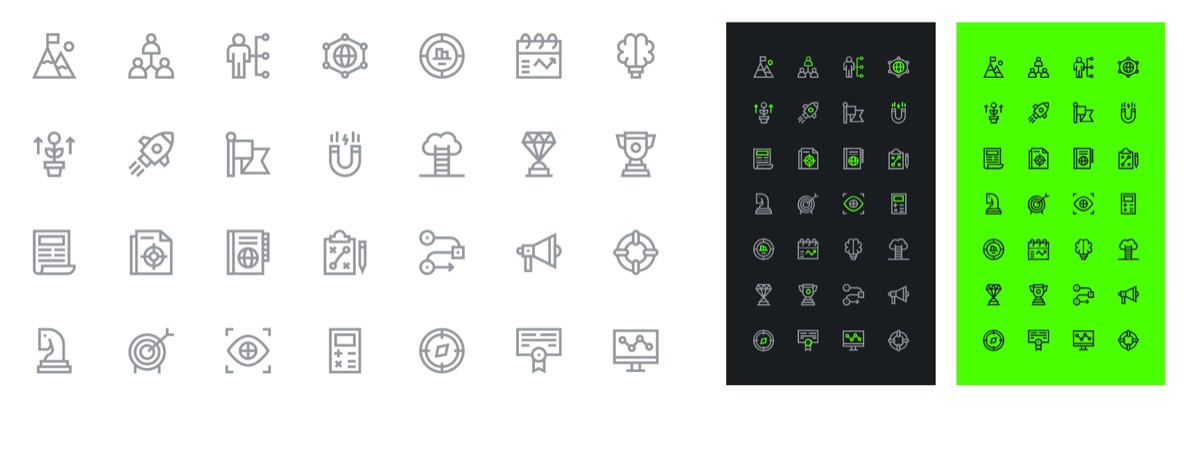 Twenty-eight line icons drawn to a single weight, covering charts, targets, documents, trophies, a calculator and a megaphone, shown as grey outlines on white and then repeated as green on black and as black on green.
