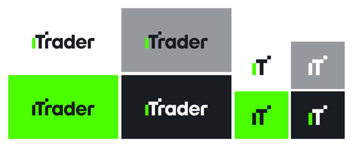 The iTrader logo grid. The wordmark and the iT monogram, each shown on white, grey, green and near-black. The letter i is replaced by a green vertical bar and a small square sits above the T.