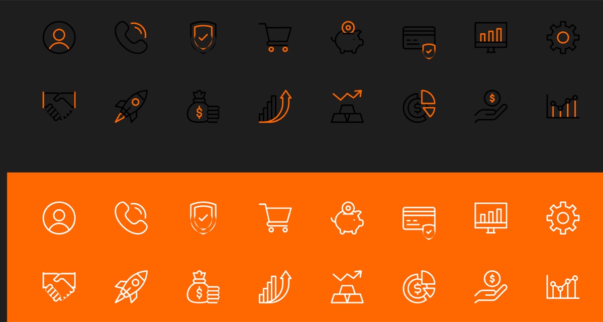 Sixteen line icons shown twice. On a near-black background they are drawn in white with orange accents. On an orange background the same sixteen are drawn in white alone. Subjects include a user, a call, a shield with a tick, a cart, a piggy bank, a secured card, a monitor with a chart, settings, a handshake, a rocket, a money bag, rising bars, gold bars, a pie chart, a hand holding a coin and a line chart.