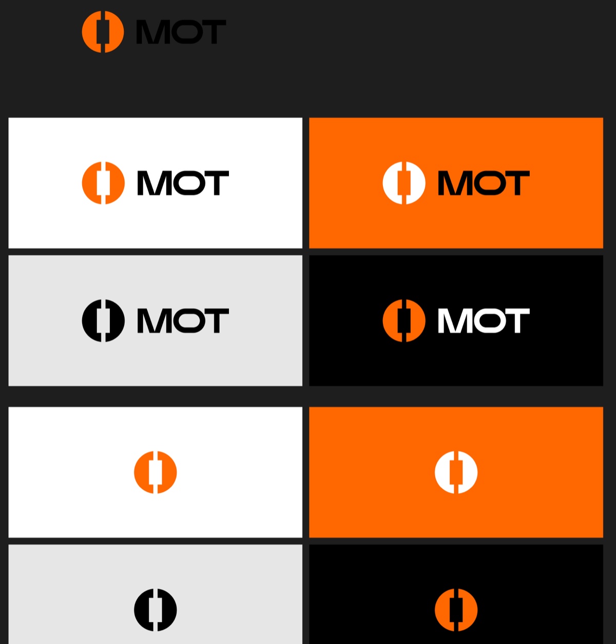 The MOT logo system. The wordmark with its circular mark shown on white, orange, light grey and black, and below it the mark on its own across the same four backgrounds.