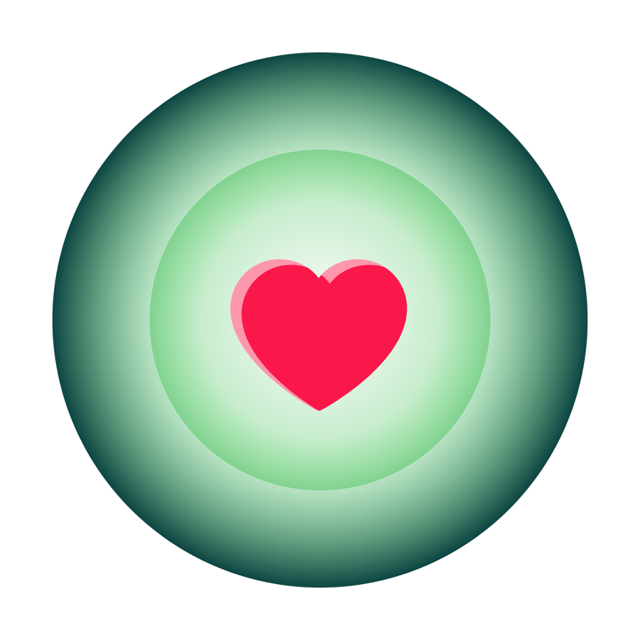 The app icon. Concentric rings from pale green at the centre to deep green at the edge, with a red heart in the middle.