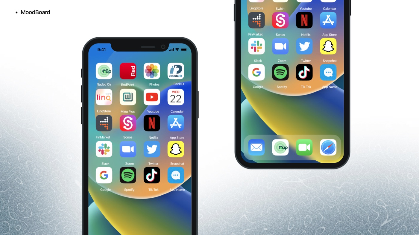 A moodboard slide with two phones. On each home screen the Nadad Oir icon, the rounded Ойр mark on white, sits in the first row next to RedPoint, Photos and BankID, and again in the dock.
