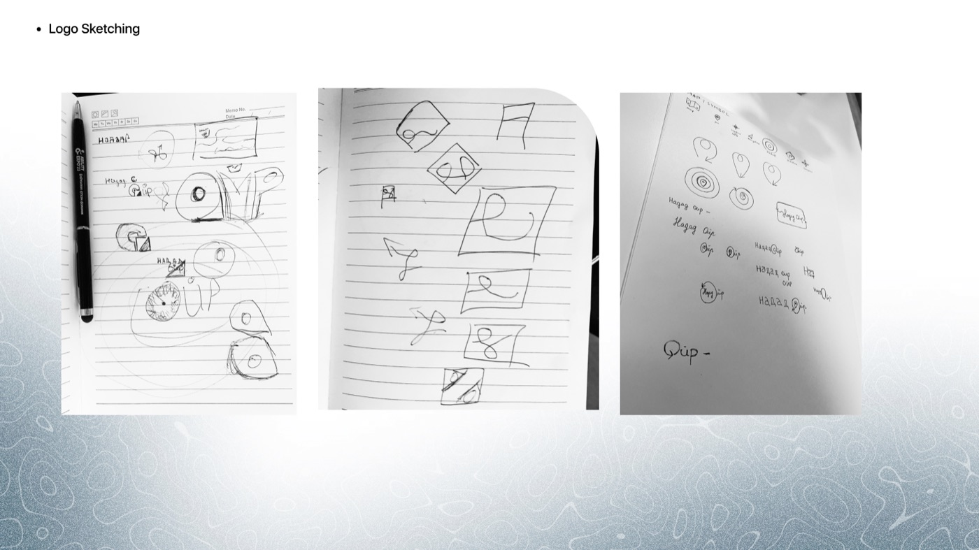 A slide titled Logo Sketching with three photographs of a lined notebook. Pen sketches of pins, rings, radar circles and small squares, and a page of tiny lockup tries with the letters Ойр.