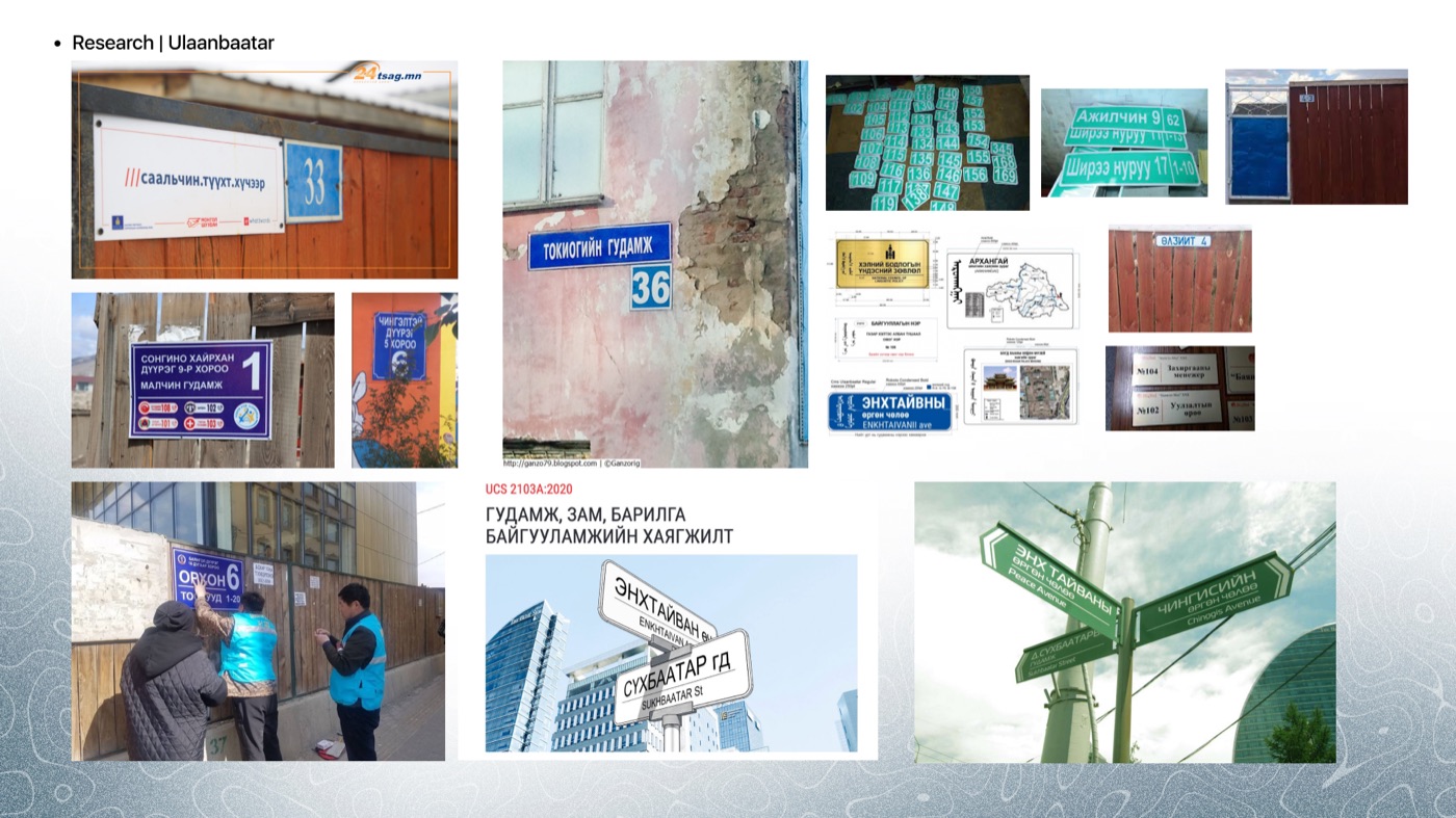 A research slide of Ulaanbaatar street signage. Photographs of blue and white address plates on buildings, green street name signs on poles, a district plate with icons, two workers fitting a plate, and a page from the 2020 national standard for street and building addressing.