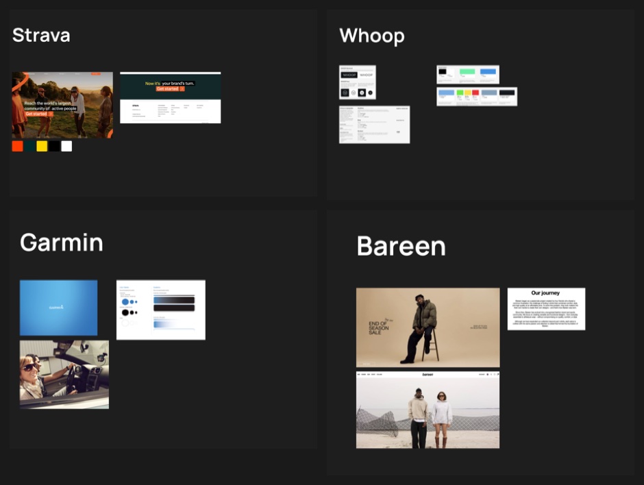 Four reference brands in a two by two grid: Strava, Whoop, Garmin and Bareen, each with screenshots of their websites and interfaces, and Strava with its extracted colour chips in orange, yellow, white and black.