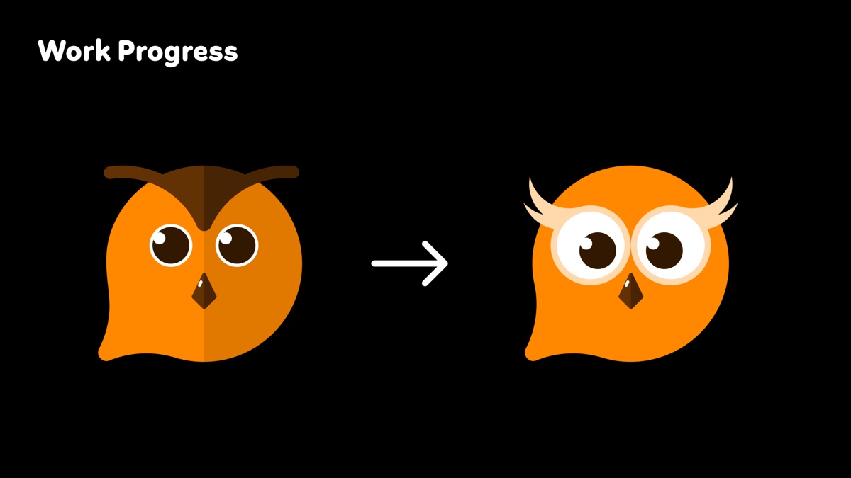 A slide headed work progress. On the left an orange owl with heavy dark brows, narrow eyes and a hard two-tone split down its face. An arrow points right to a second owl with pale cream feather tufts, wide round eyes and a single flat orange body.