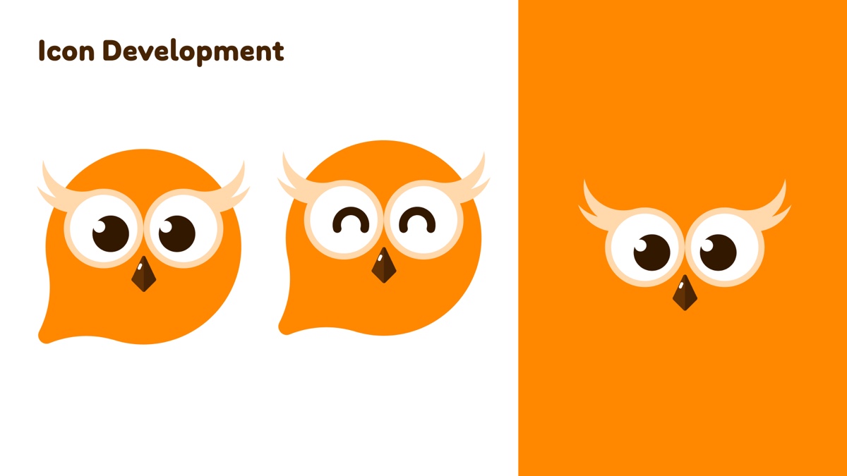 A slide headed icon development. Two owls on white, one with open eyes and one with eyes closed into two contented arcs. On an orange panel to the right, the face alone with the body dropped away, leaving tufts, eyes and beak.