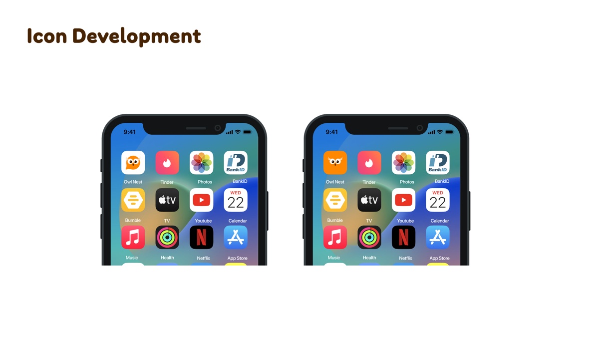Two iPhone home screens side by side, each with the finished owl icon in the first slot labelled Owl Nest, next to Tinder, Photos, BankID, Bumble, Netflix and the App Store. One icon sits on a light field, the other on orange.