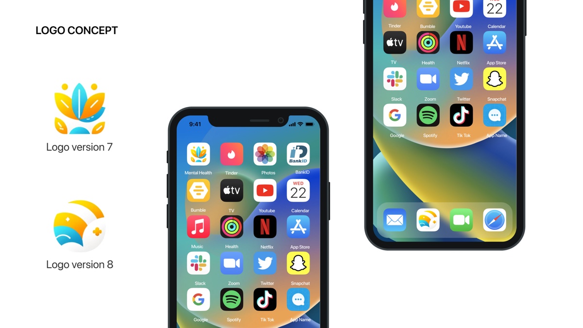 A logo concept slide. Two abstract marks on the left, one of layered petals and one of a sun rising over water, labelled logo version seven and eight. Beside them two iPhone home screens where the app sits among Tinder, Photos, BankID, Bumble, Netflix, Snapchat, TikTok and Spotify.