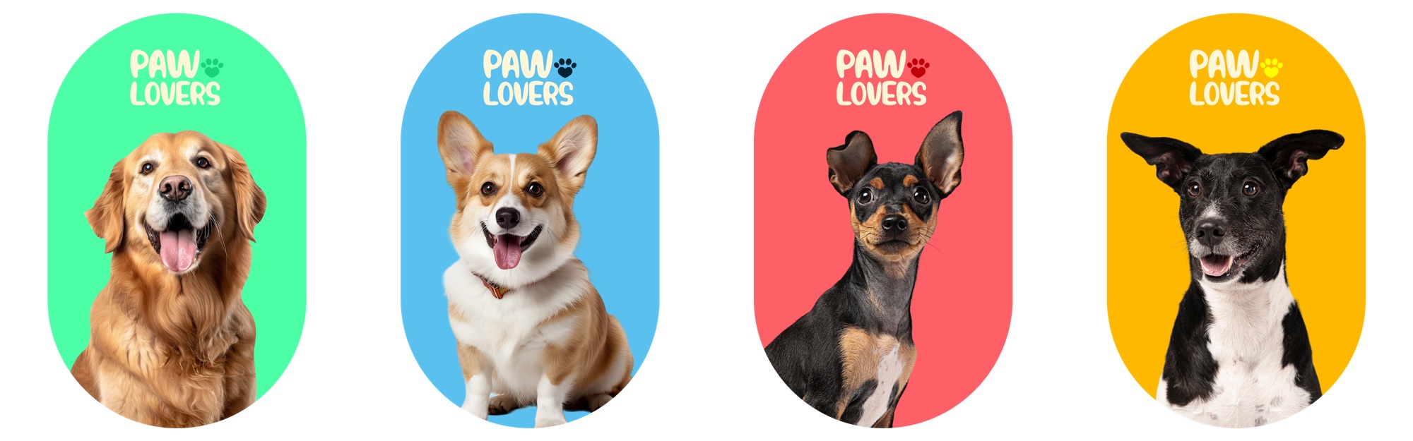 Four tall capsule-shaped cards side by side on white: a golden retriever on mint, a corgi on sky blue, a miniature pinscher on coral, and a black and white dog on amber. Each card has the cream PAW LOVERS lockup at the top with the paw in that card's primary colour.
