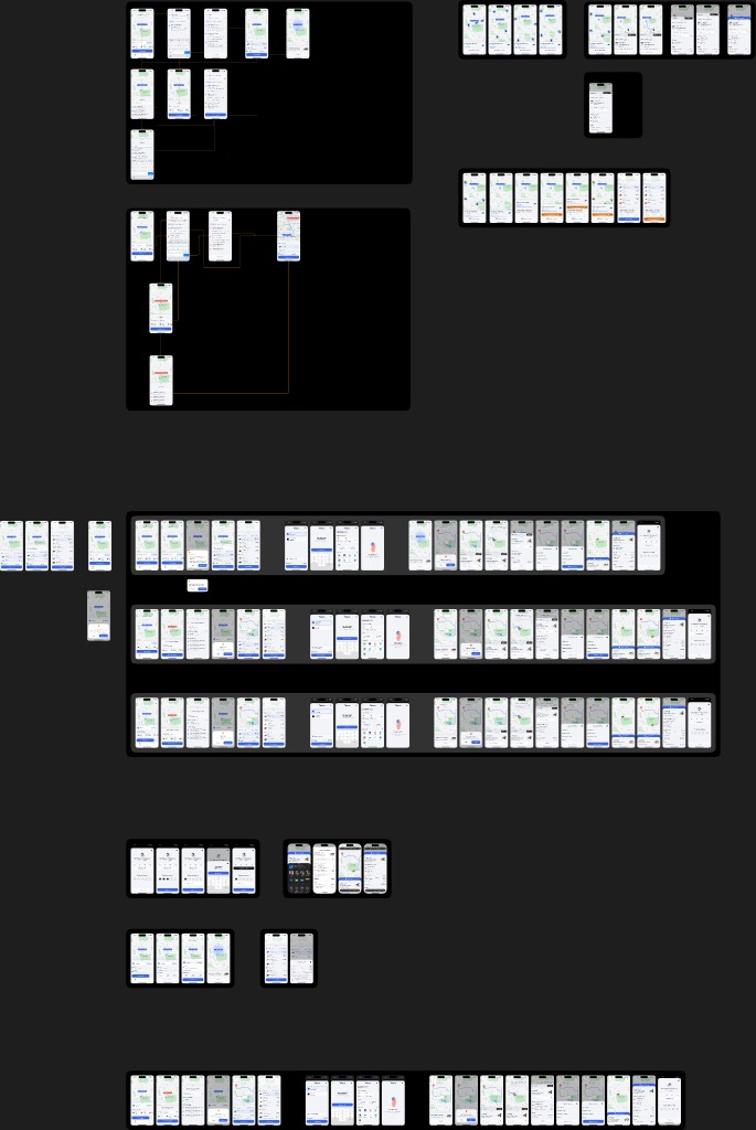 The full audit board seen from far out. Dozens of dark grouped sections, each holding a row of phone screens, arranged in bands down a very tall canvas.