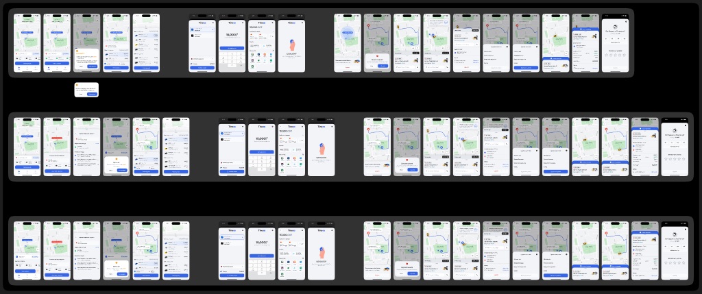 Three long horizontal rows of phone screens, one above the other. Each row runs left to right through booking, a Tino Pay sheet, then the ride and its ending. The rows are aligned so the same stage sits in the same column.