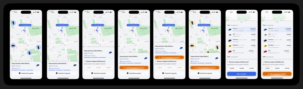 Eight screens showing the escalation when no driver accepts. The first screens show the map with a searching message and a cancel button. Then an orange prompt offers to add a bonus of 1000, 2000 or 3000 tugrik. The last two show a list of every service tier with its fare and the same bonus buttons on each row, and a re-call button carrying the added amount.