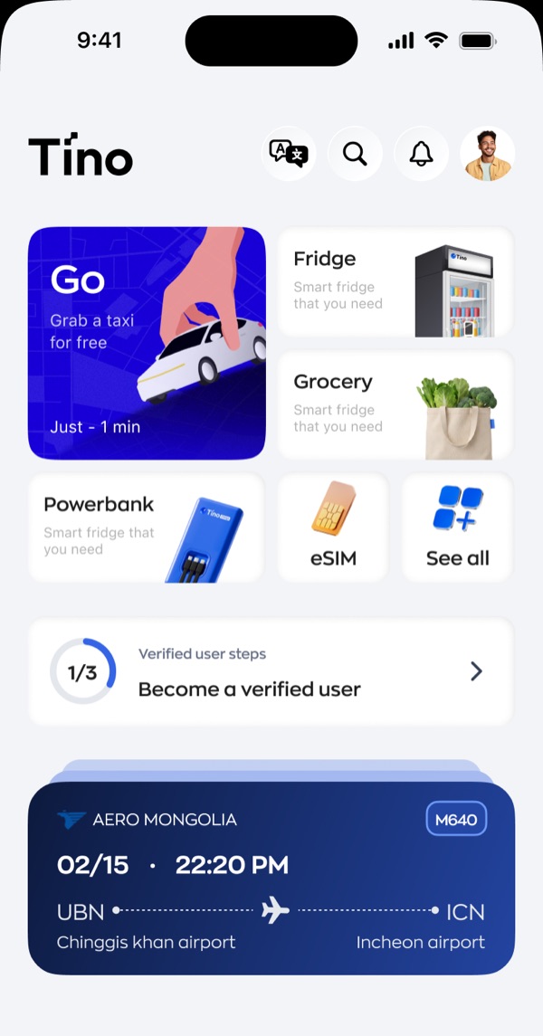 The new Tino home screen. A white background with the logo and four small buttons, then a large blue Go tile beside two smaller tiles for Fridge and Grocery, a second row with Powerbank, eSIM and See all, then the same verification prompt and a flight card.
