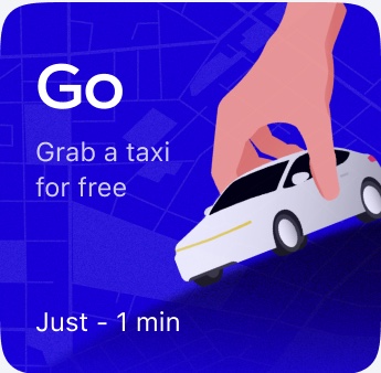 The new Go tile. A deep blue card with a map pattern, the word Go in large white type, the line grab a taxi for free, a hand lowering a white car onto the card, and the line just one minute at the bottom.