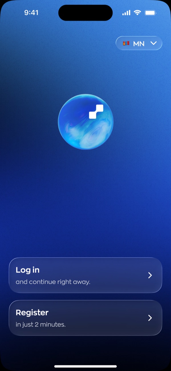A deep blue screen with the Tino orb in the centre, a language pill top right, and two glass cards at the bottom. The first reads log in, and continue right away. The second reads register, in just 2 minutes.