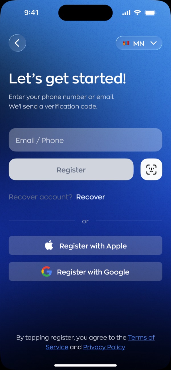 The sign-up screen. A heading reading let's get started, one combined field labelled email or phone, a register button, a Face ID button beside it, a recover account link, then register with Apple and register with Google, and a terms of service line at the bottom.